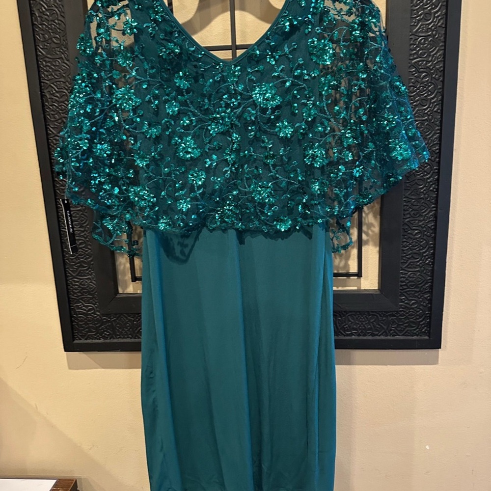 Glamour Nights Teal Lace Overlay Dress